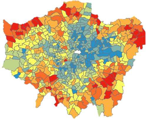 Map showing areas of domestic overheating in London